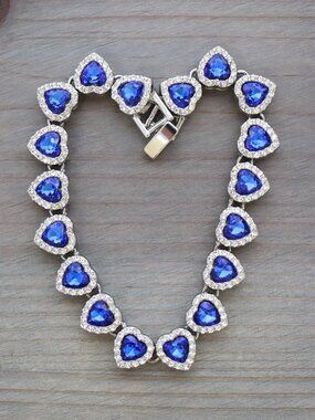 Blue Heart Halo Diamond Chain Tennis Bracelet Silver Plated with Rhinestones
